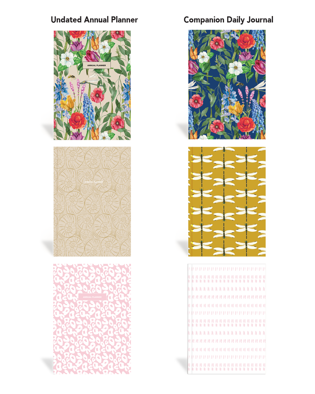 Collection of patterned notebooks including floral, geometric, and abstract designs.