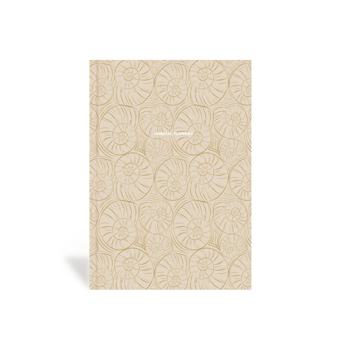 A beige, hardbound planner with a shell pattern on the cover.