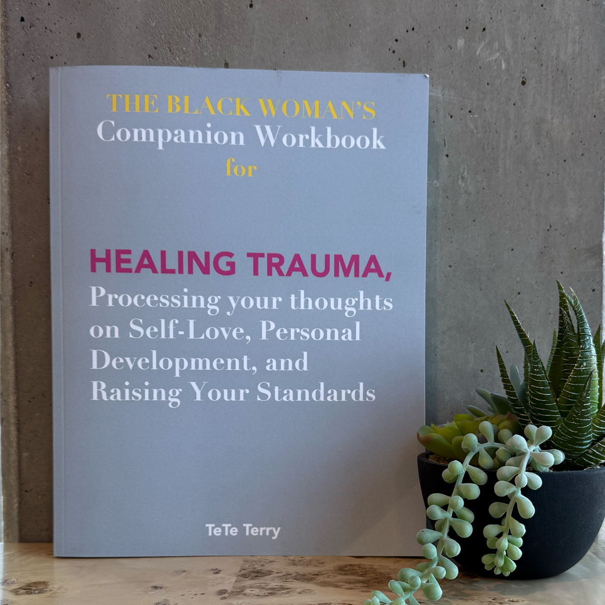 Book titled 'The Black Woman's Companion Workbook for Healing Trauma' on a wooden desk with plants.
