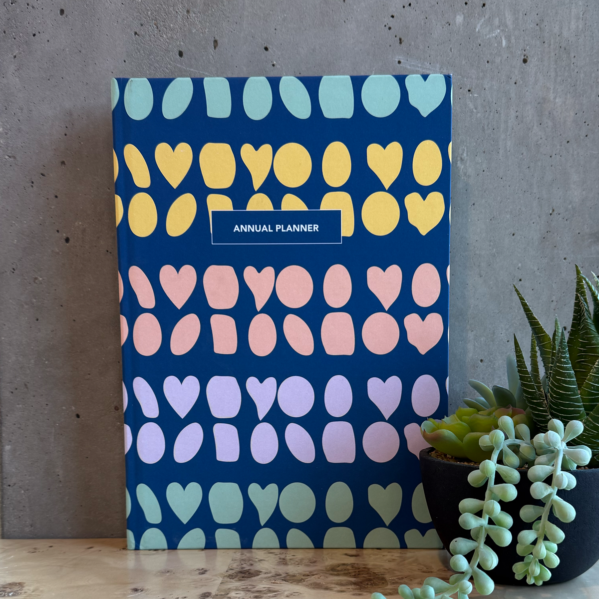 Annual planner with colorful heart pattern on a concrete desk with a plant.