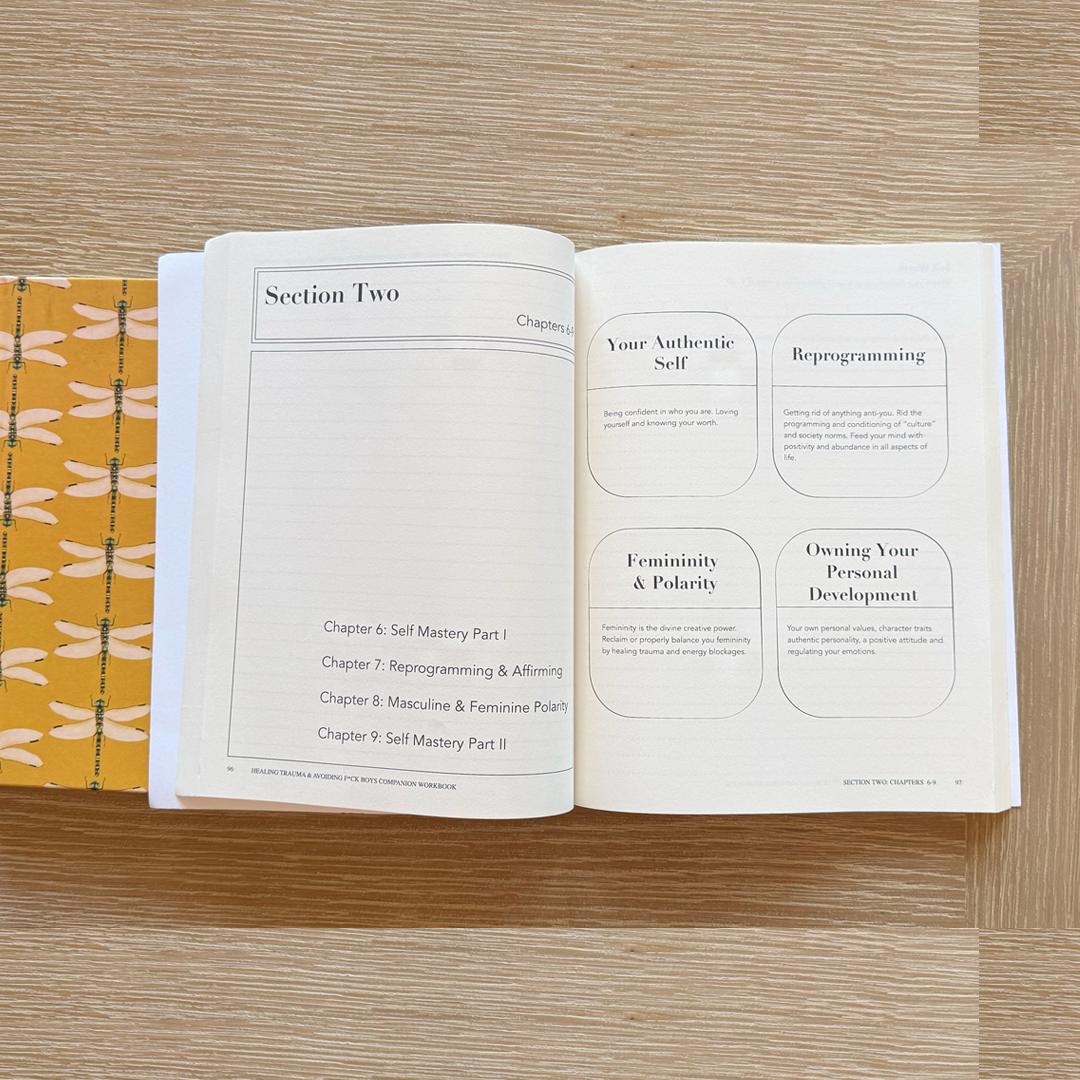 Open workbook on a wooden table with text and chapter headings.